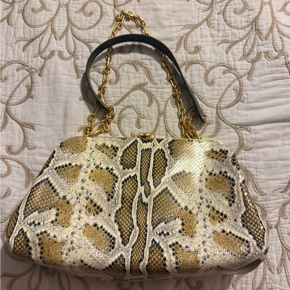 Tory Burch Cleo embossed bag Snake Print Shoulder Bag with Gold Chain